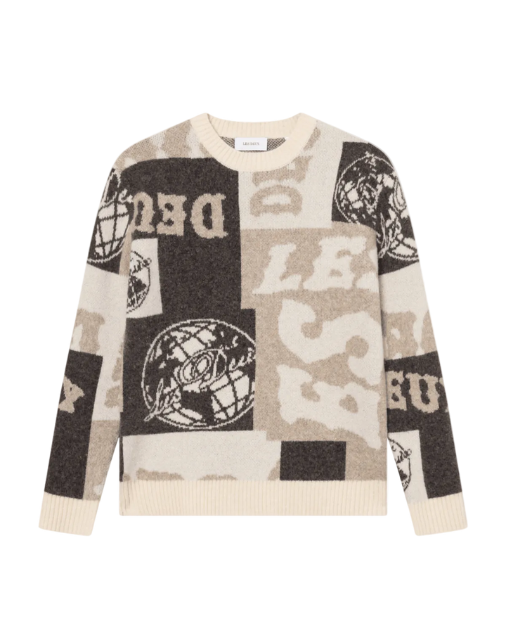 LES DEUX - Globe Crewneck Knit Patchwork Beige - noir - Lothaire
