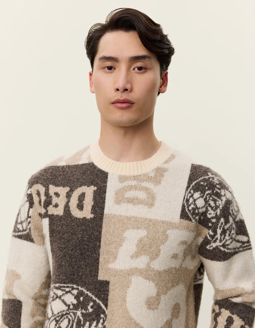 LES DEUX - Globe Crewneck Knit Patchwork Beige - noir - Lothaire