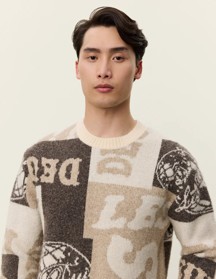 LES DEUX - Globe Crewneck Knit Patchwork Beige - noir - Lothaire