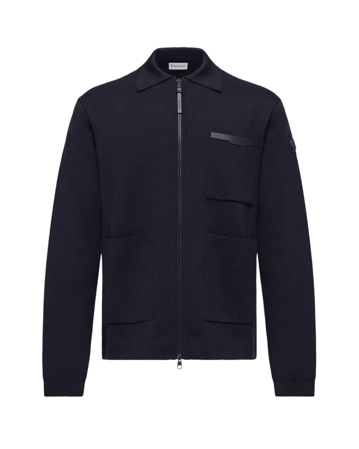 MONCLER - Cardigan zippé en laine à logo en cuir bleu - Lothaire