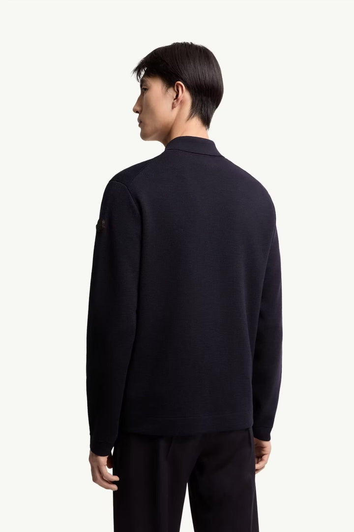 MONCLER - Cardigan zippé en laine à logo en cuir bleu - Lothaire