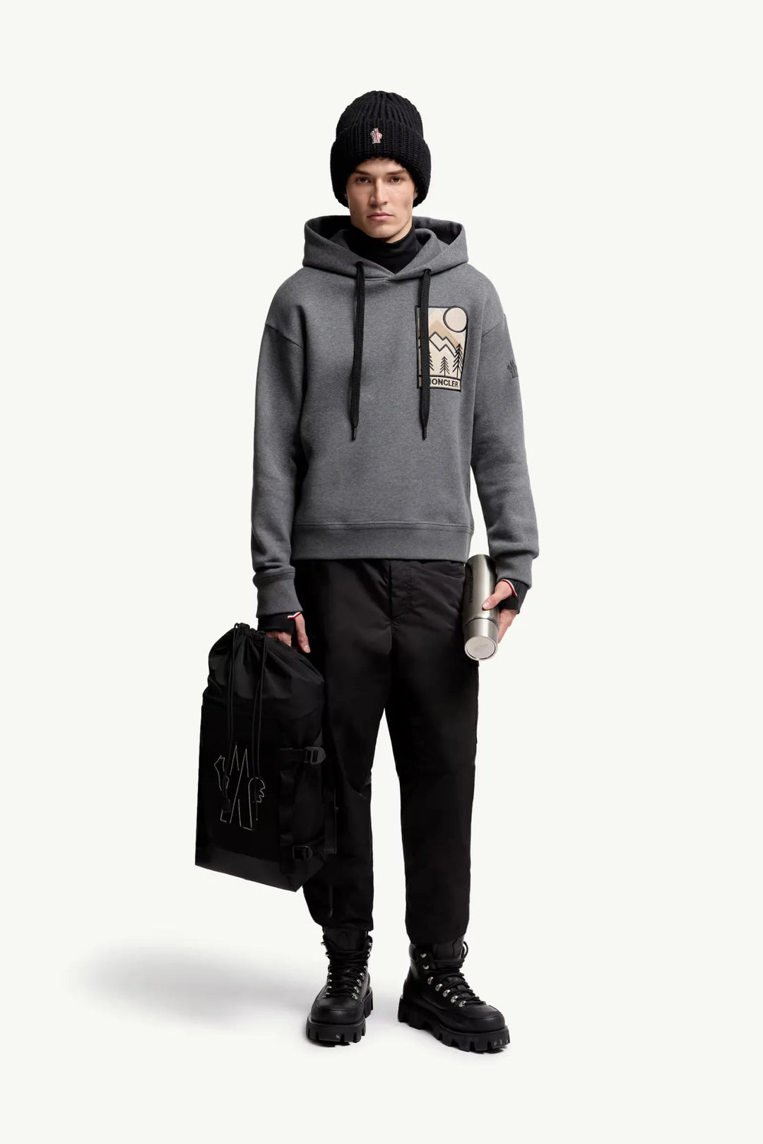 MONCLER GRENOBLE - Sweat à capuche en coton mélangé à logo montagne gris - Lothaire