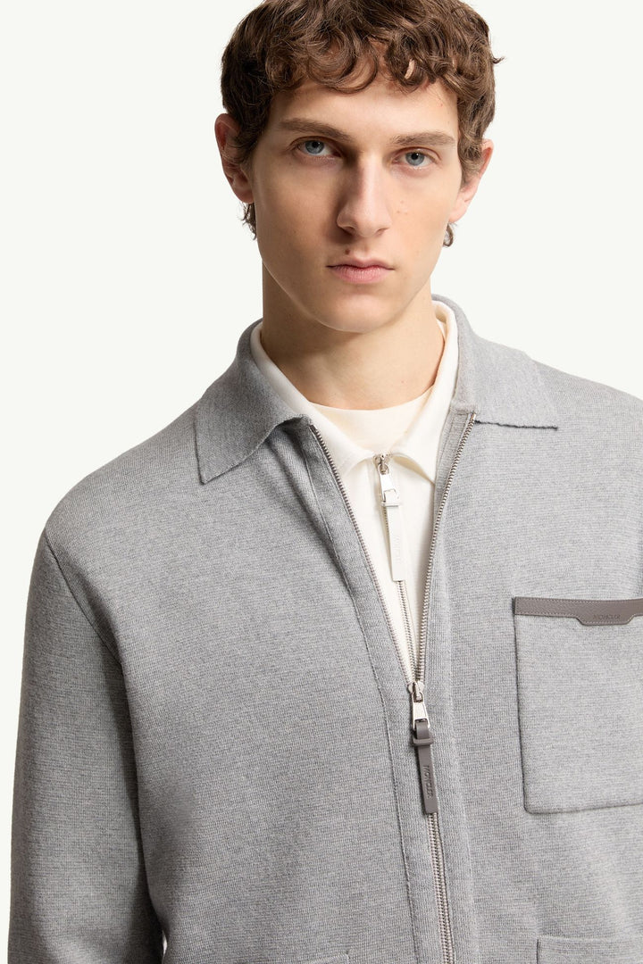 MONCLER - Leather Logo Wool Zip - Up Cardigan Gris - Lothaire