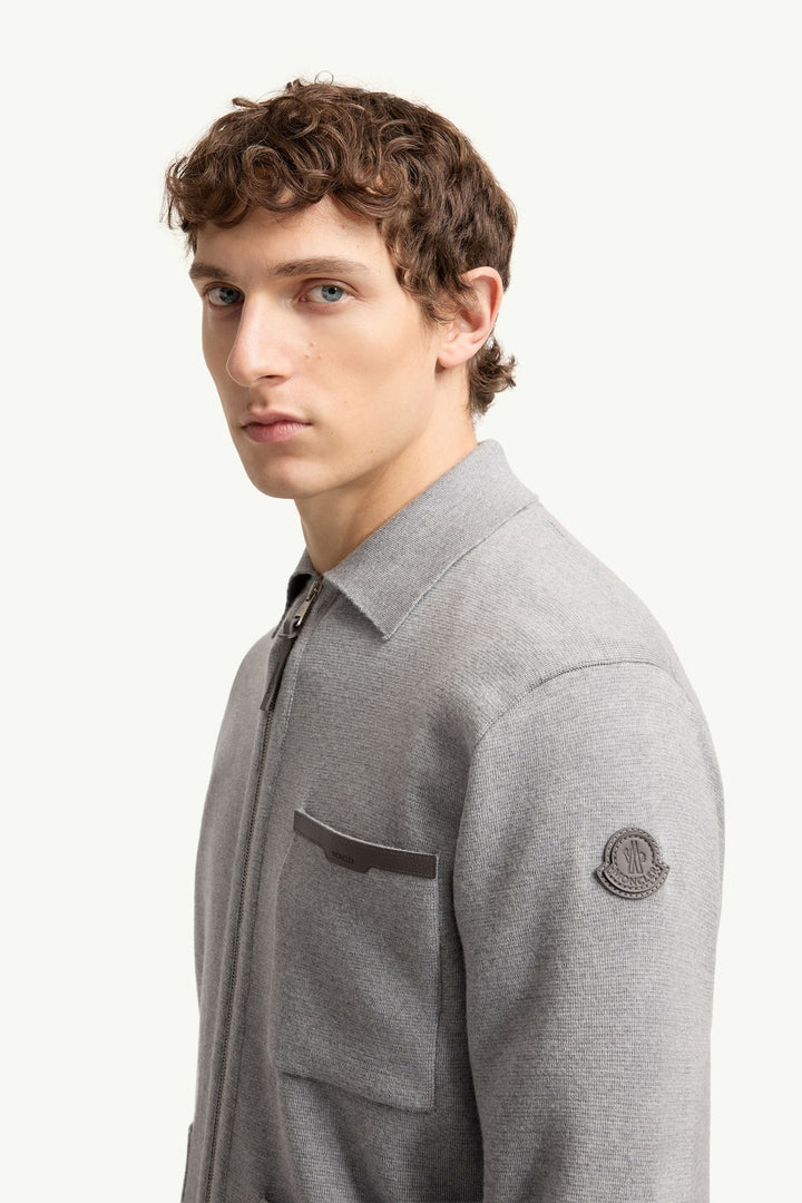 MONCLER - Leather Logo Wool Zip - Up Cardigan Gris - Lothaire