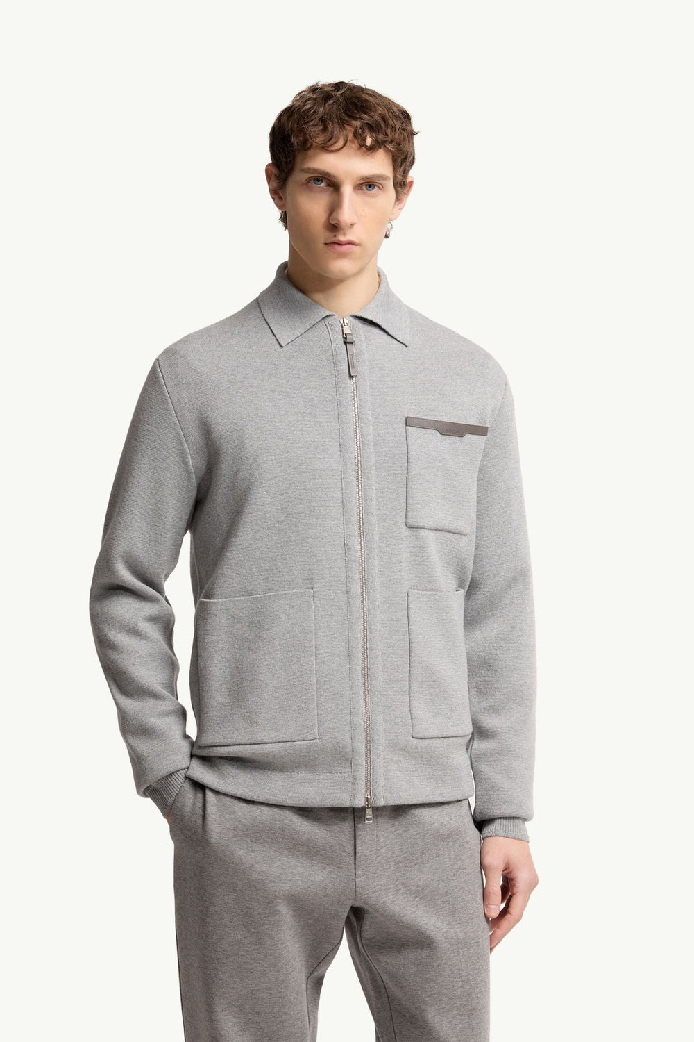 MONCLER - Leather Logo Wool Zip - Up Cardigan Gris - Lothaire
