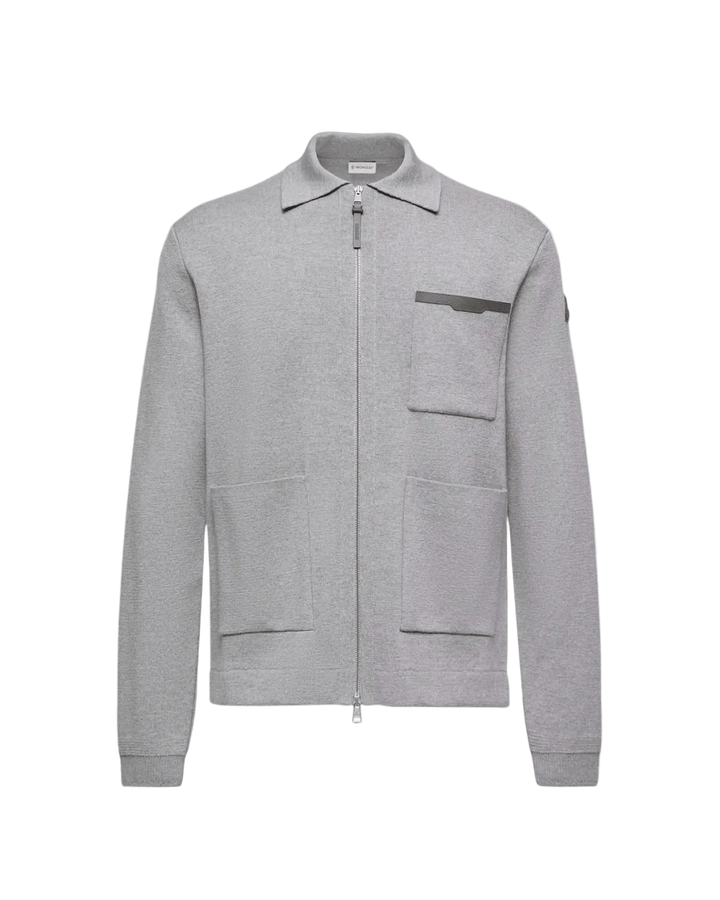 MONCLER - Leather Logo Wool Zip - Up Cardigan Gris - Lothaire