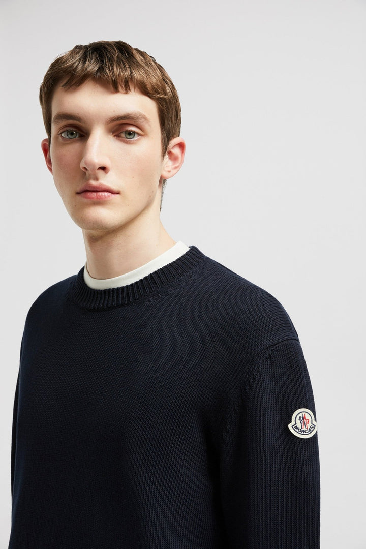 MONCLER - PULL EN COTON À EMPIÈCEMENT LOGO Bleu marine - Lothaire