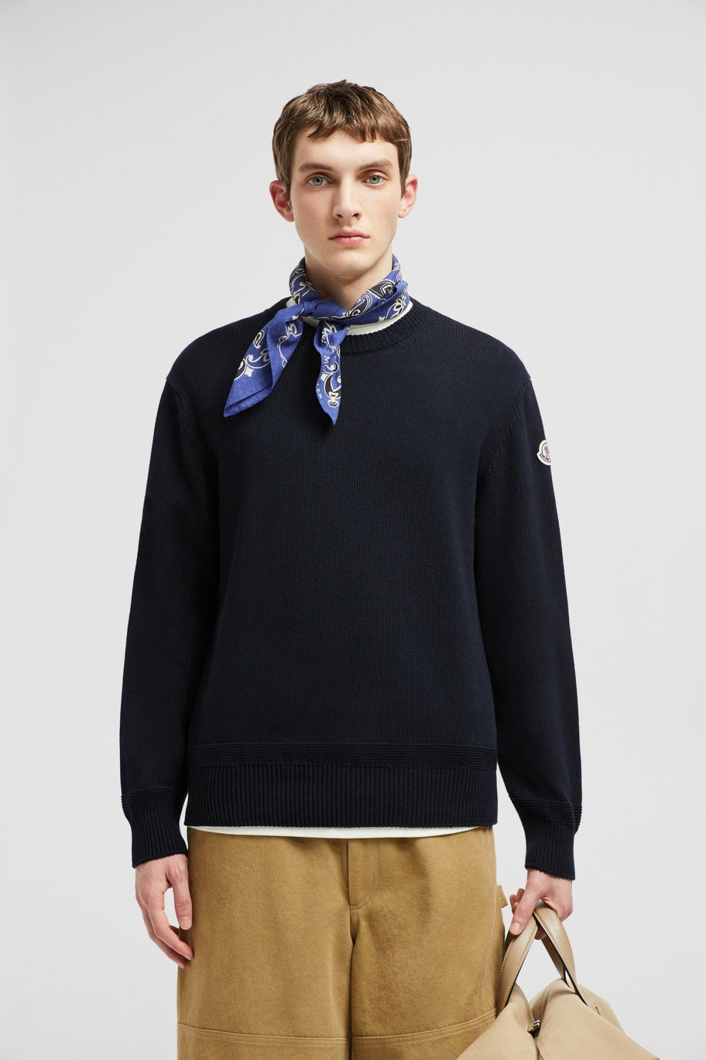 MONCLER - PULL EN COTON À EMPIÈCEMENT LOGO Bleu marine - Lothaire