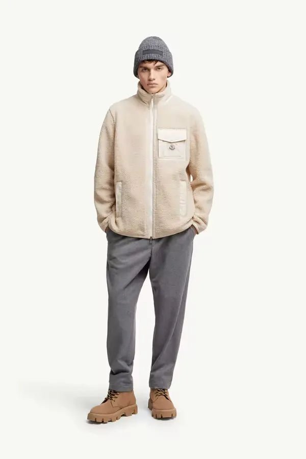 MONCLER - Sweat zippé en teddy avec poche blanc beige - Lothaire