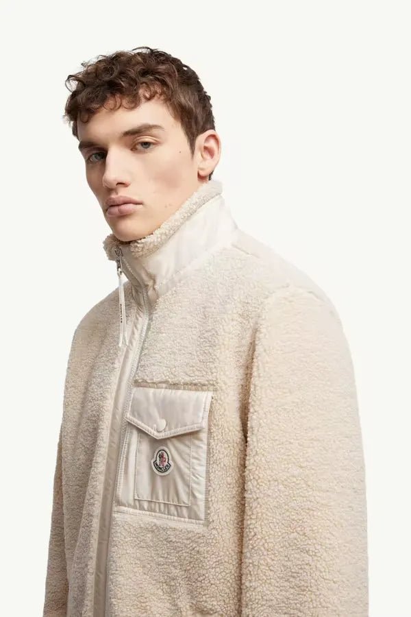 MONCLER - Sweat zippé en teddy avec poche blanc beige - Lothaire