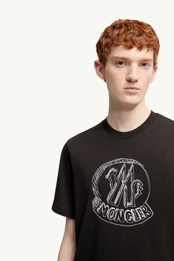 MONCLER - T-shirt en Coton à Logo Brodé Effet Croquis Noir - Lothaire