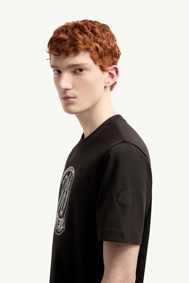 MONCLER - T-shirt en Coton à Logo Brodé Effet Croquis Noir - Lothaire