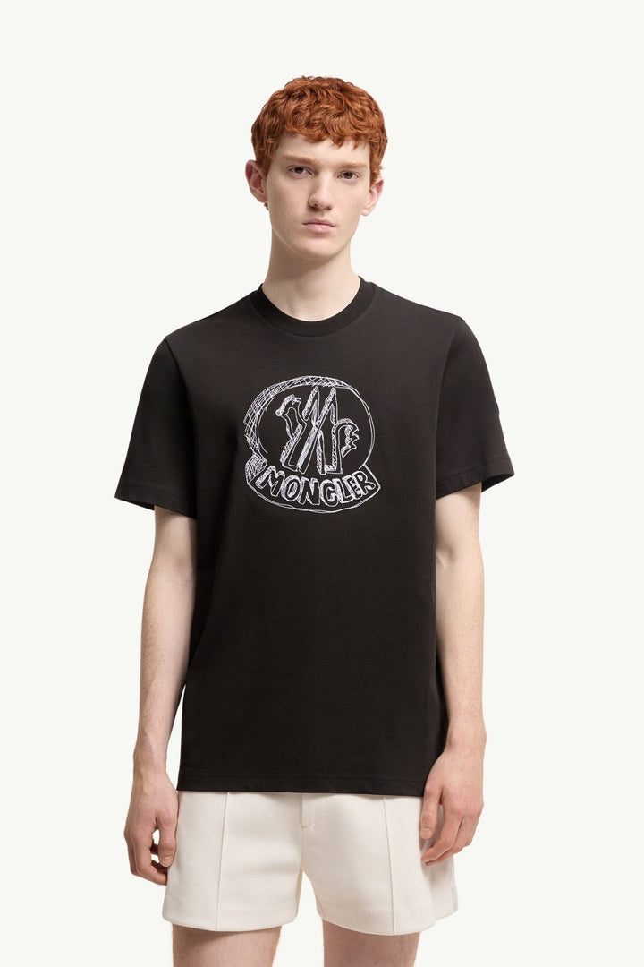 MONCLER - T-shirt en Coton à Logo Brodé Effet Croquis Noir - Lothaire