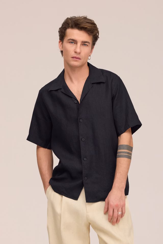 NN. 07 - Chemise Julio en Lin à Col Ouvert Noir - Lothaire