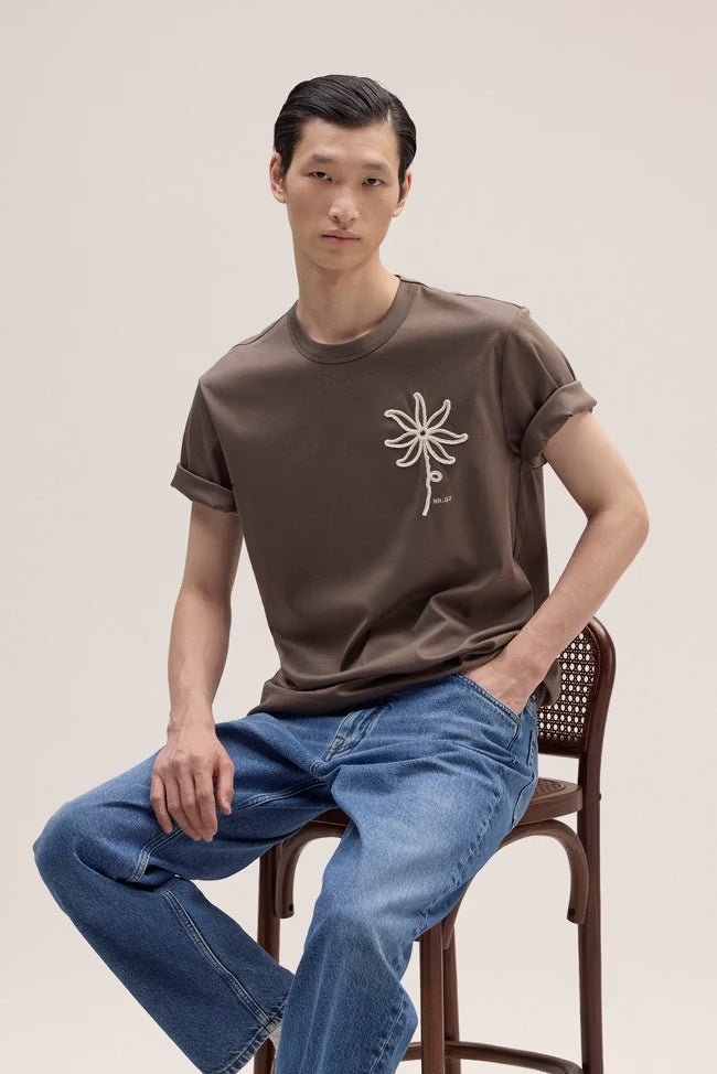 NN. 07 - T-shirt Pedro brodé en coton bio Marron chiné - Lothaire