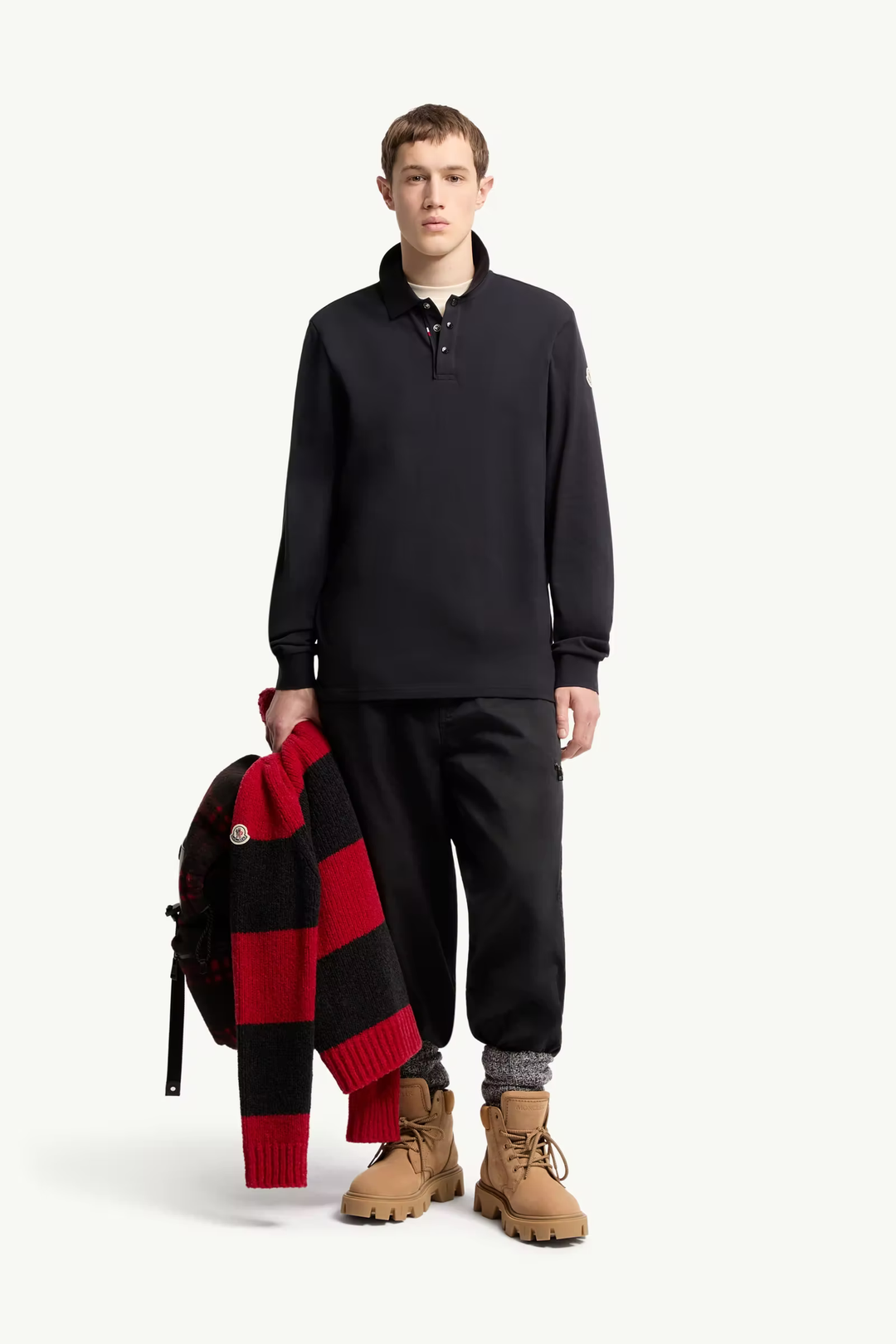 MONCLER - Polo à manches longues en piqué de coton à logo Bleu marine foncé