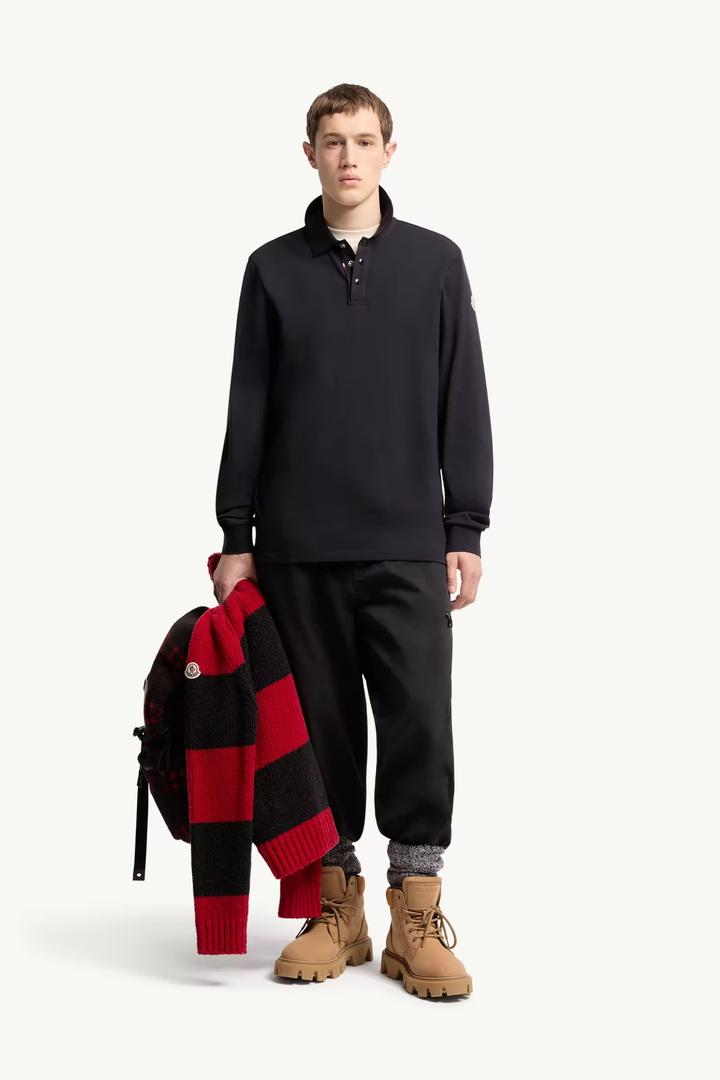 MONCLER - Polo à manches longues en piqué de coton à logo Bleu marine foncé