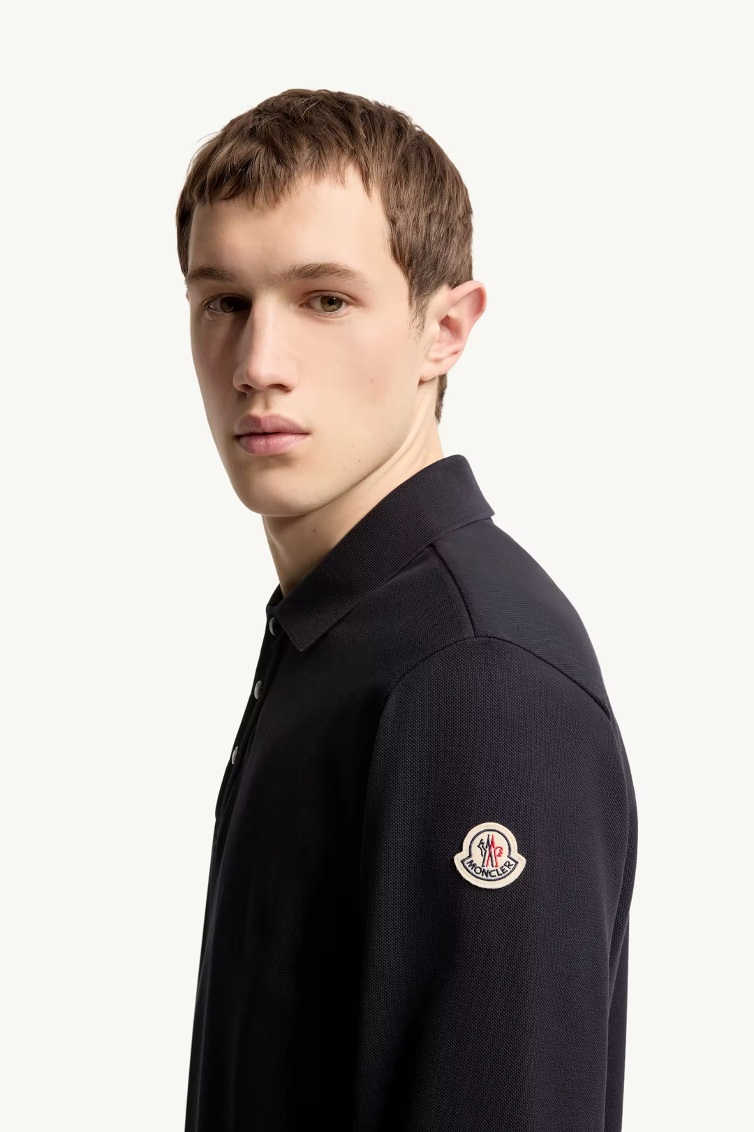 MONCLER - Polo à manches longues en piqué de coton à logo Bleu marine foncé