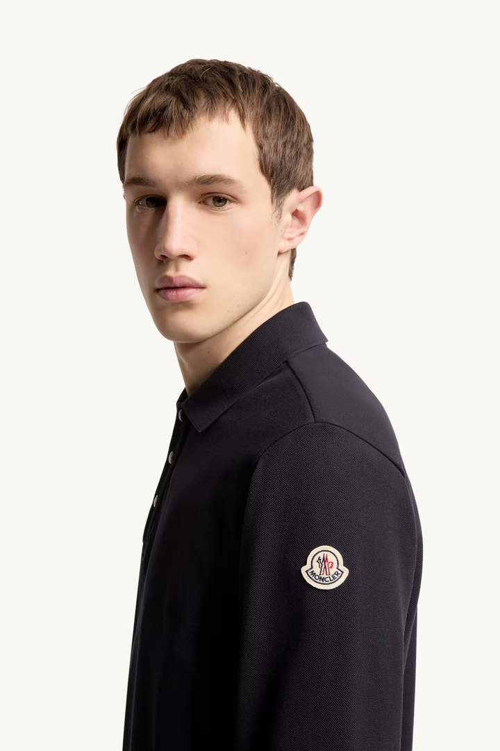 MONCLER - Polo à manches longues en piqué de coton à logo Bleu marine foncé