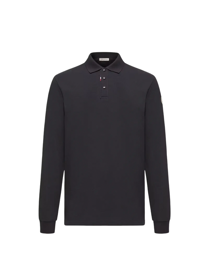 MONCLER - Polo à manches longues en piqué de coton à logo Bleu marine foncé