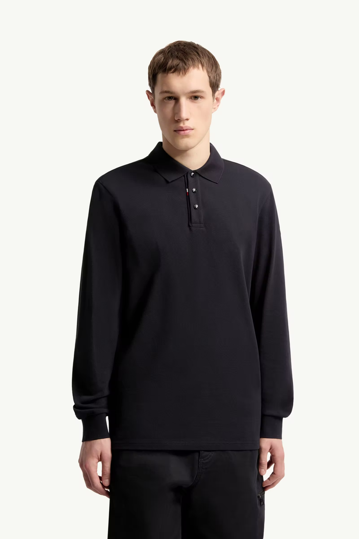 MONCLER - Polo à manches longues en piqué de coton à logo Bleu marine foncé
