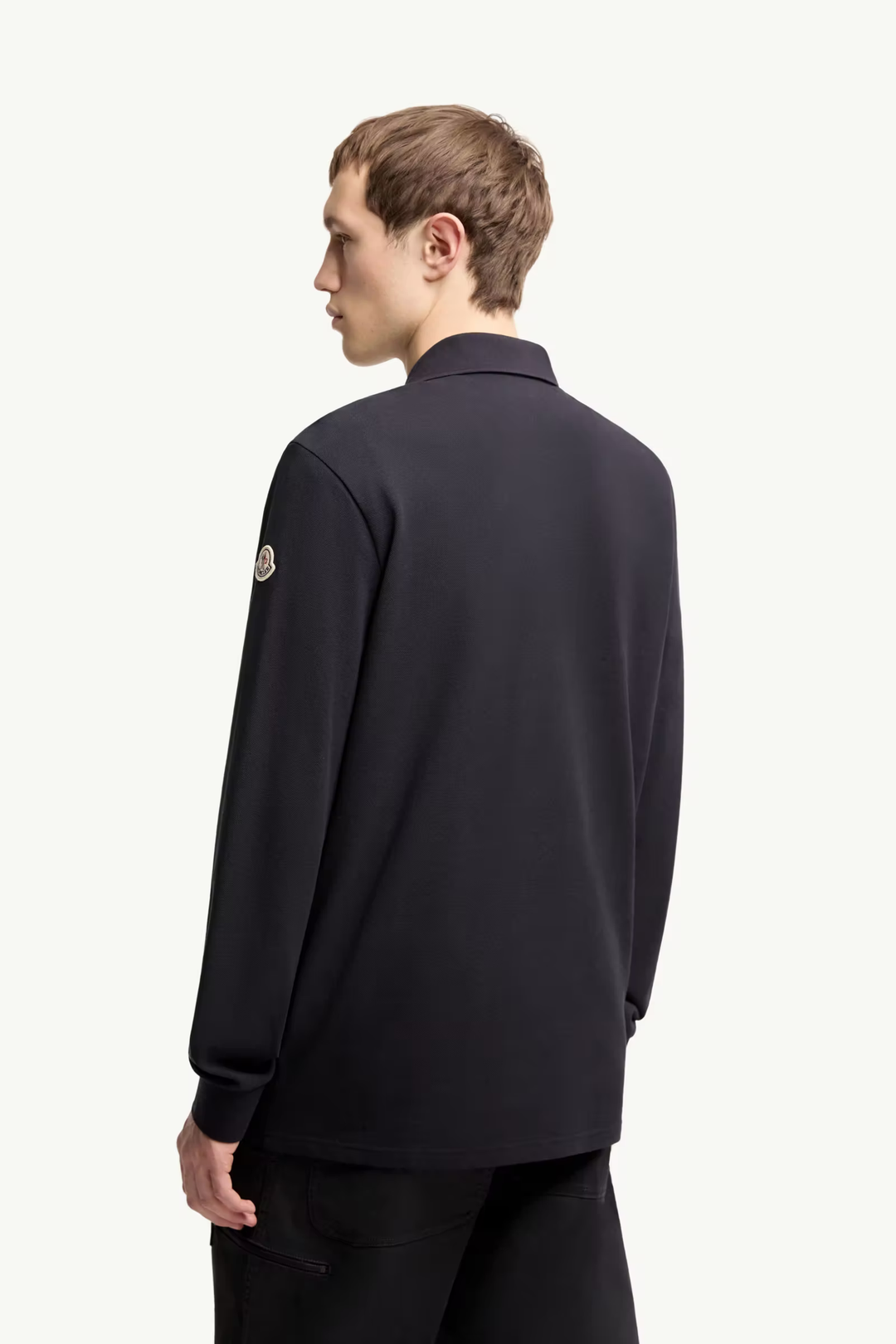 MONCLER - Polo à manches longues en piqué de coton à logo Bleu marine foncé
