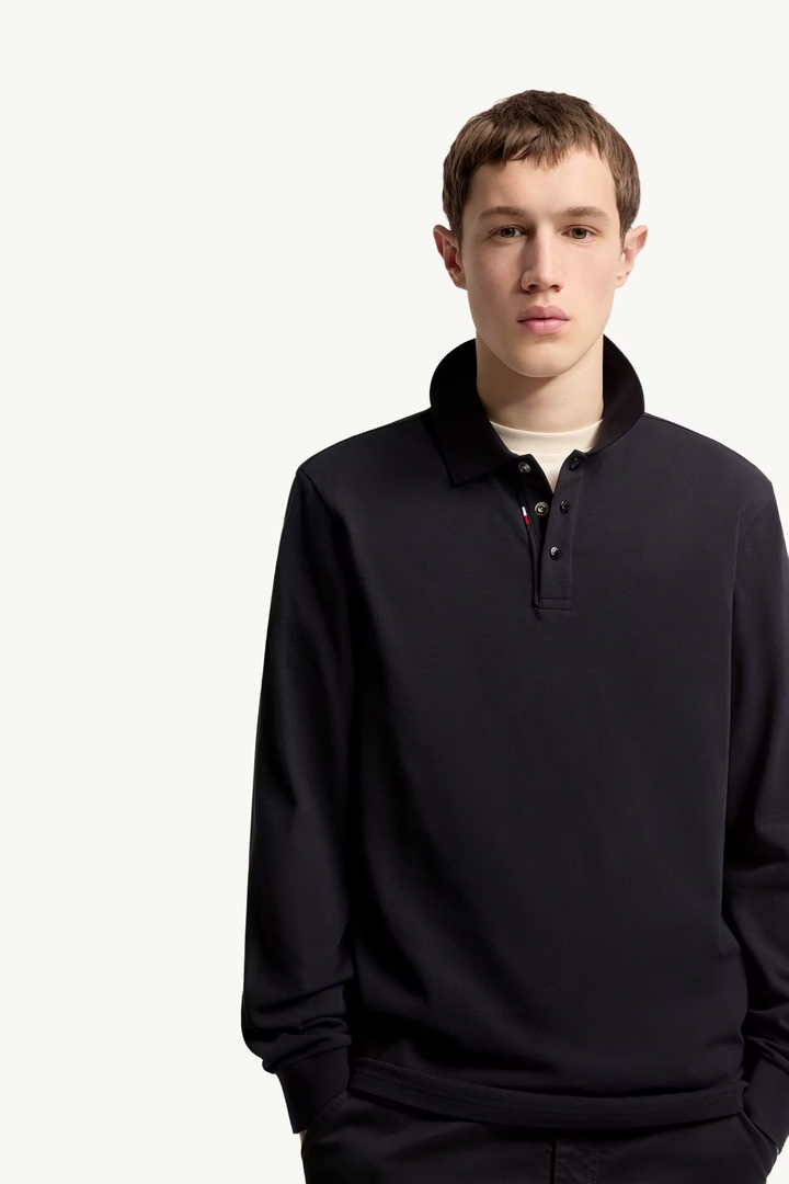 MONCLER - Polo à manches longues en piqué de coton à logo Bleu marine foncé