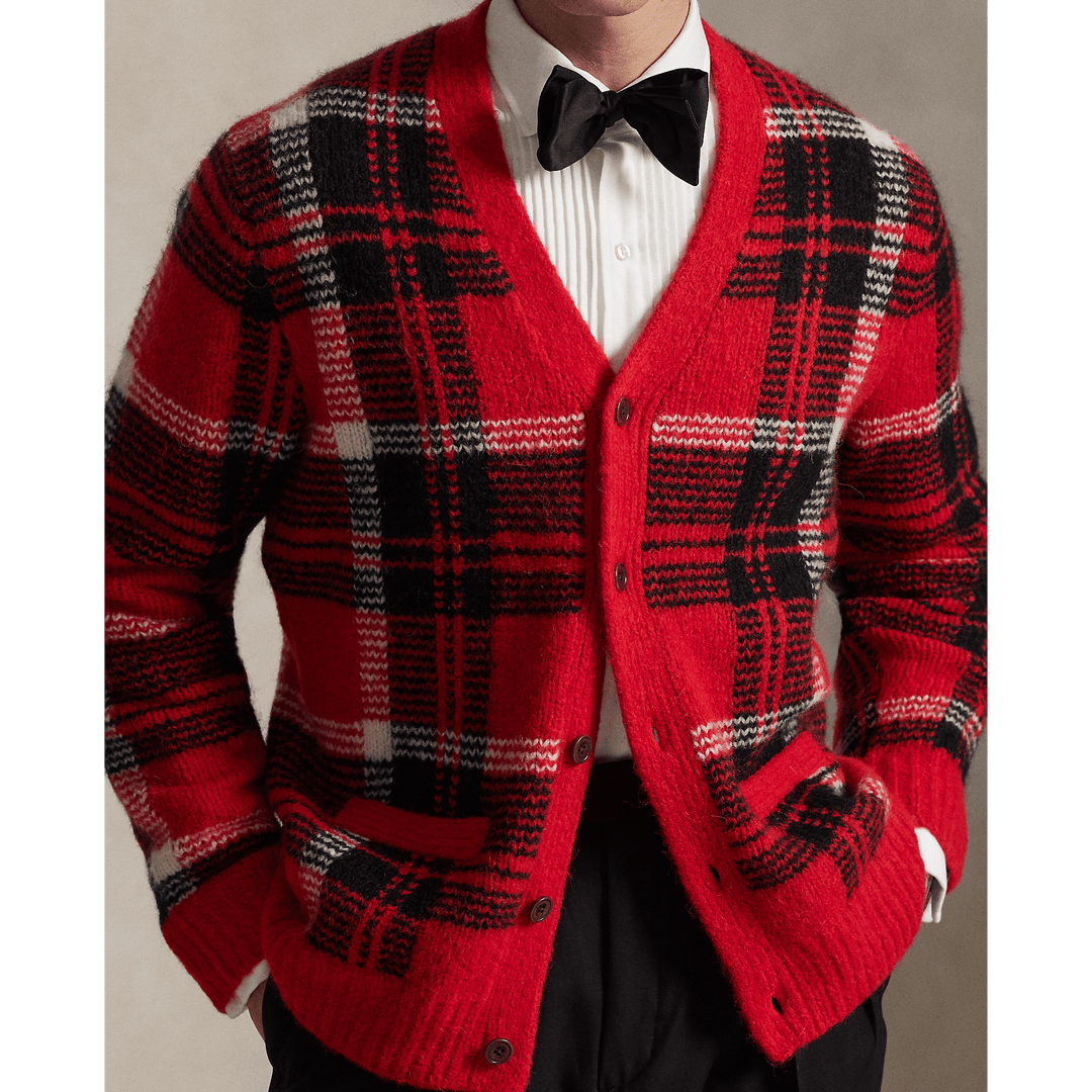 POLO RALPH LAUREN - Cardigan écossais laine et patch en daim Combi rouge - Lothaire