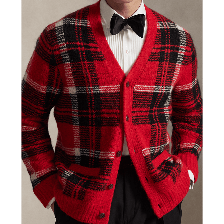 POLO RALPH LAUREN - Cardigan écossais laine et patch en daim Combi rouge - Lothaire