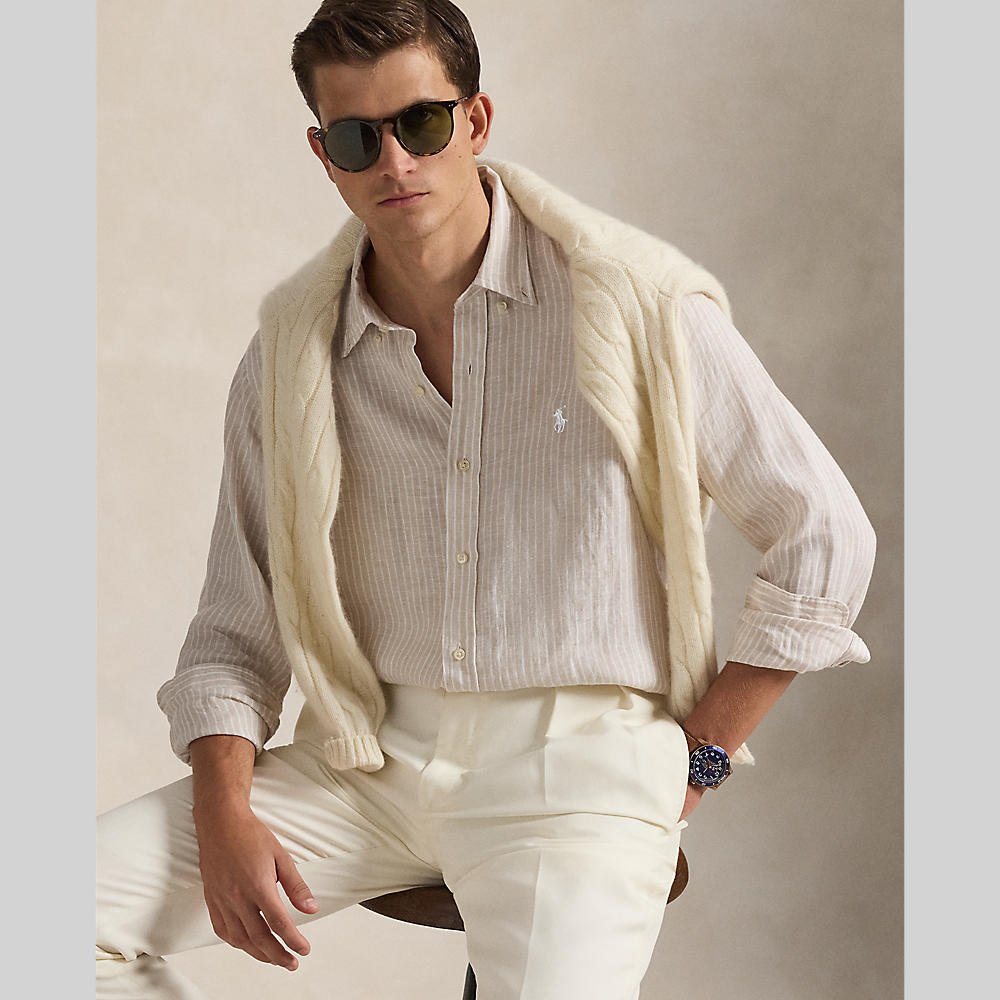 POLO RALPH LAUREN - Chemise en lin à rayures col boutonné Beige côtier / Blanc - Lothaire