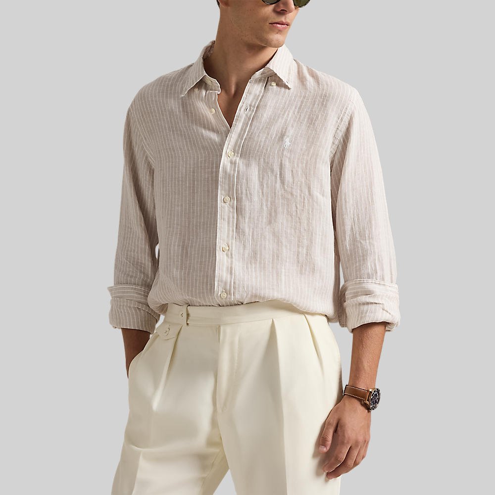 POLO RALPH LAUREN - Chemise en lin à rayures col boutonné Beige côtier / Blanc - Lothaire