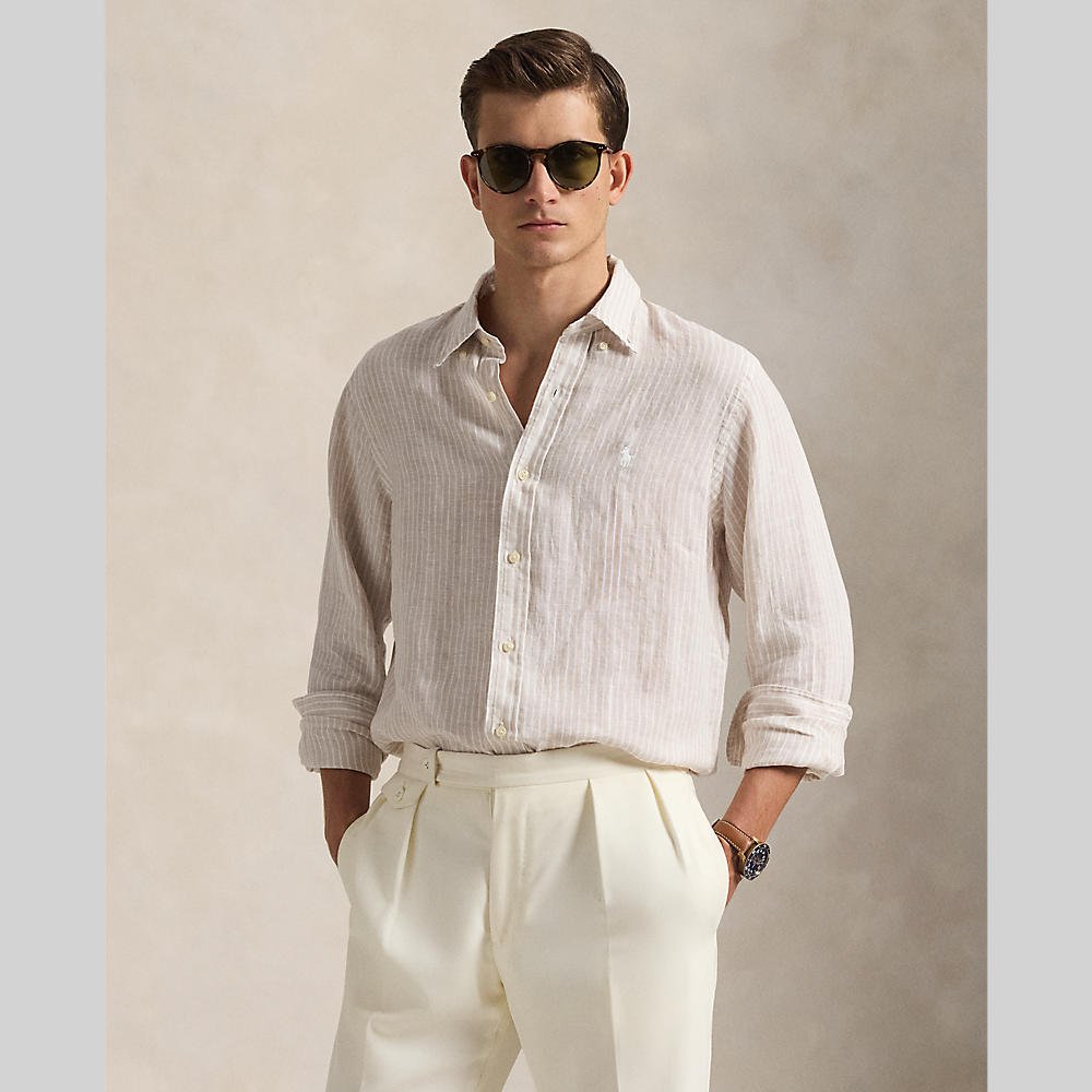POLO RALPH LAUREN - Chemise en lin à rayures col boutonné Beige côtier / Blanc - Lothaire