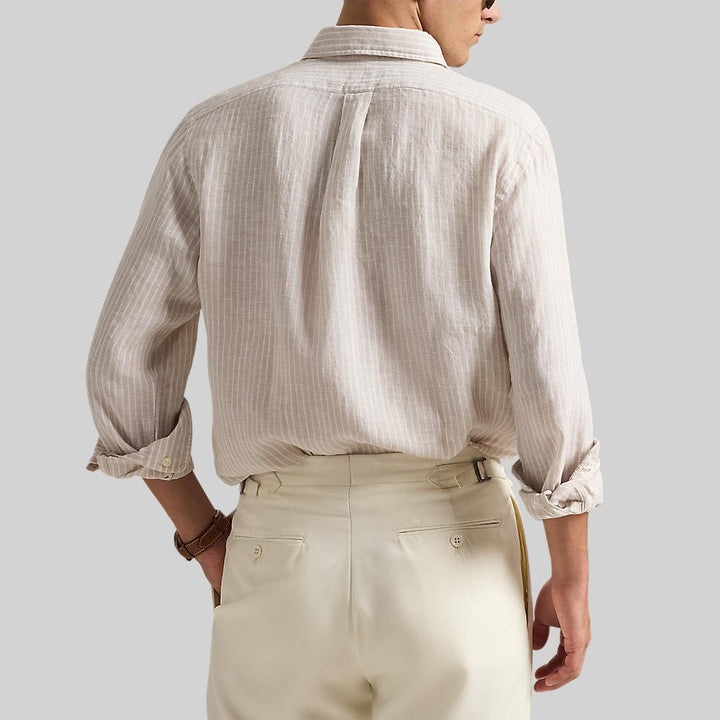 POLO RALPH LAUREN - Chemise en lin à rayures col boutonné Beige côtier / Blanc - Lothaire