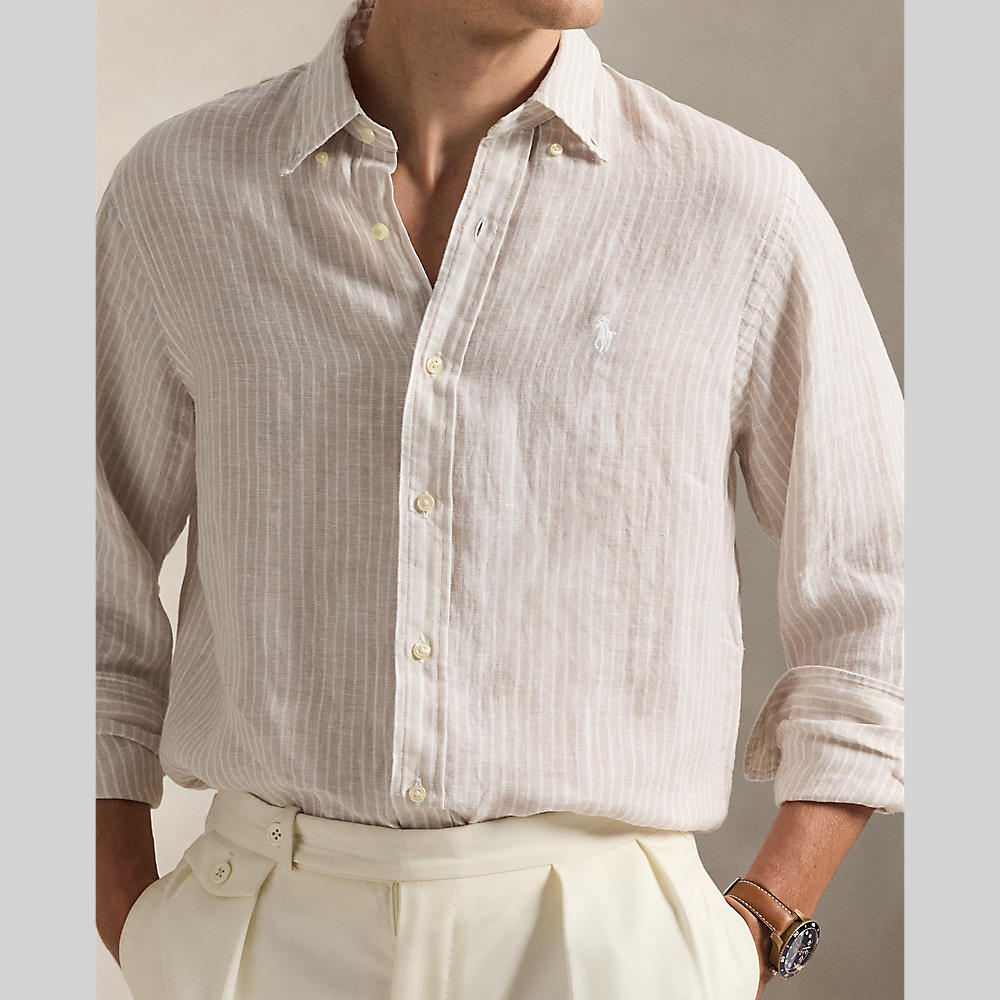 POLO RALPH LAUREN - Chemise en lin à rayures col boutonné Beige côtier / Blanc - Lothaire