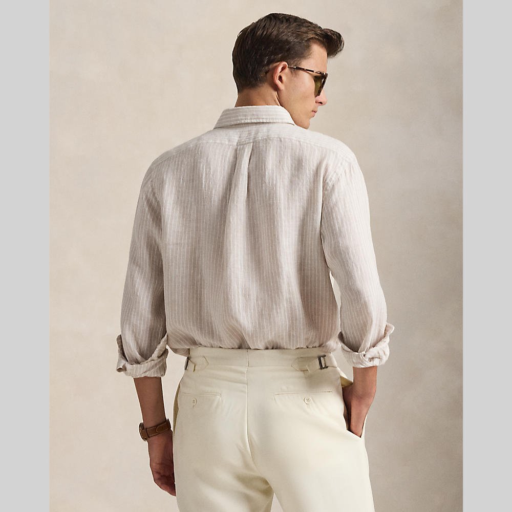 POLO RALPH LAUREN - Chemise en lin à rayures col boutonné Beige côtier / Blanc - Lothaire