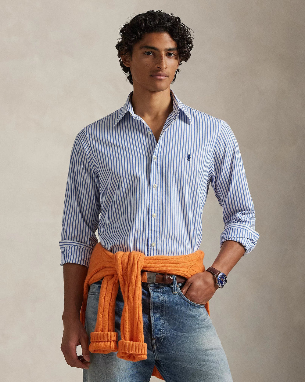 POLO RALPH LAUREN - Chemise en popeline rayée Custom Fit Blanc & Bleu - Lothaire