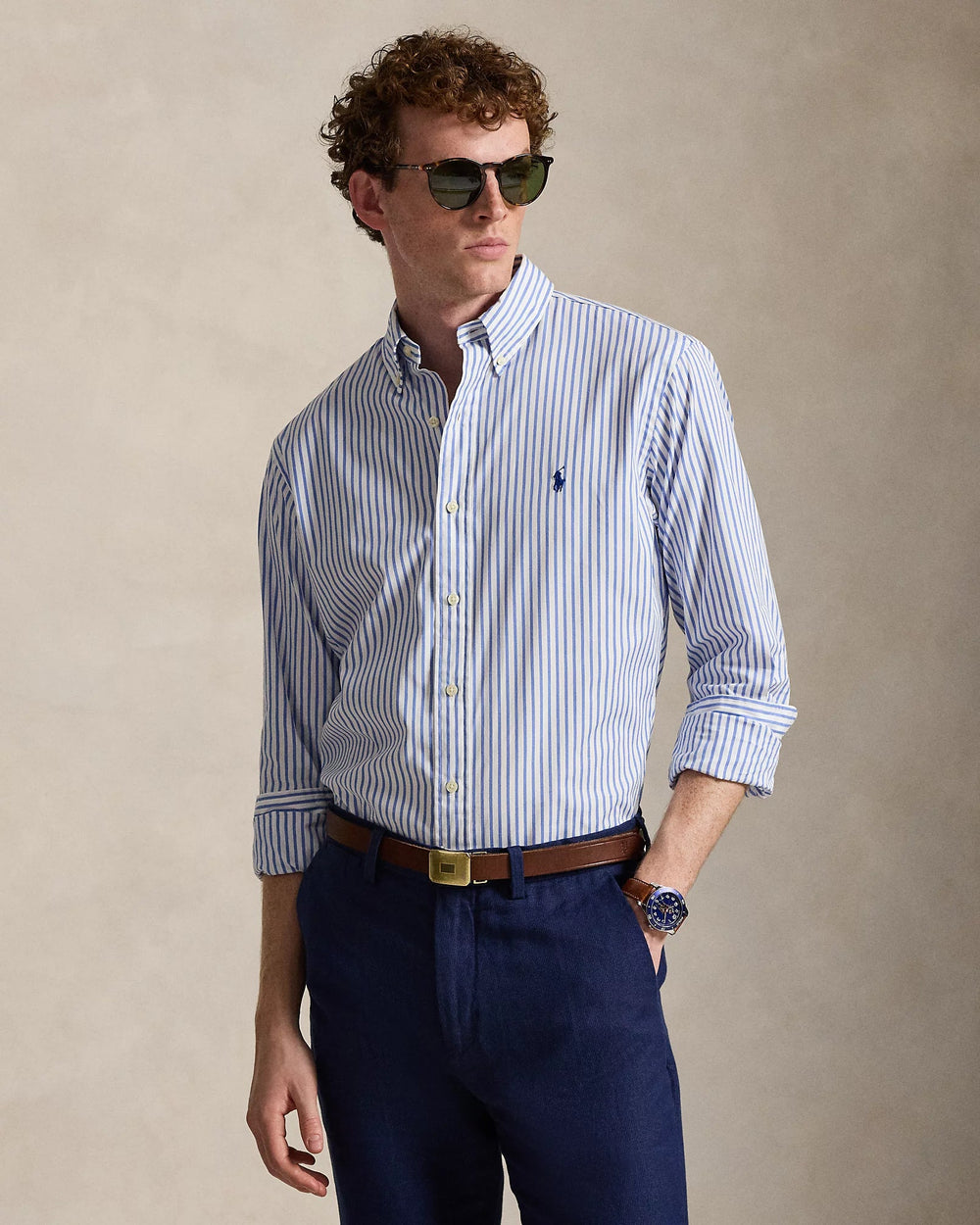 POLO RALPH LAUREN - Chemise en popeline rayée Custom Fit Blanc et Bleu - Lothaire