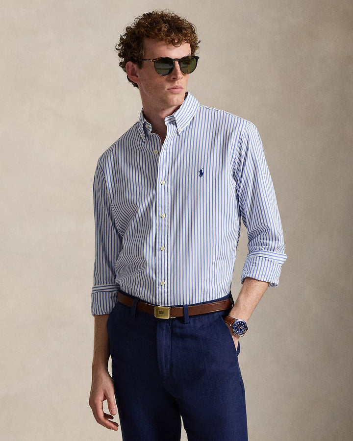 POLO RALPH LAUREN - Chemise en popeline rayée Custom Fit Blanc et Bleu - Lothaire