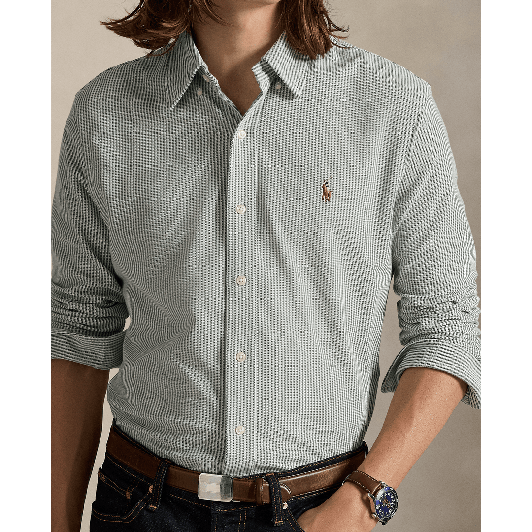 POLO RALPH LAUREN - Chemise Oxford en maille de coton rayé Pin vintage/Blanc - Lothaire