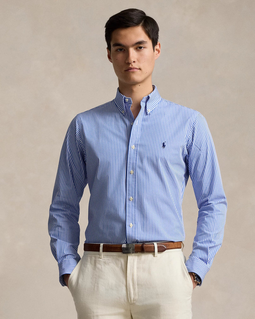 POLO RALPH LAUREN - Chemise rayée Custom Fit popeline Bleu clair et Blanc - Lothaire