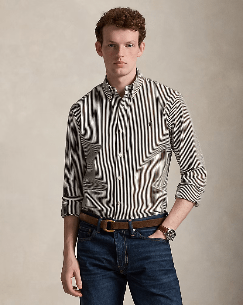 POLO RALPH LAUREN - Chemise rayée en popeline Custom Fit Marron cannelle / Blanc - Lothaire
