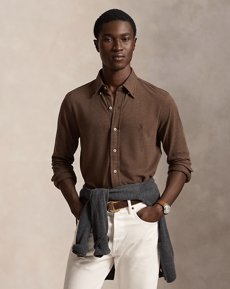 POLO RALPH LAUREN - Chemise ultra légère en coton piqué Marron taupe - Lothaire