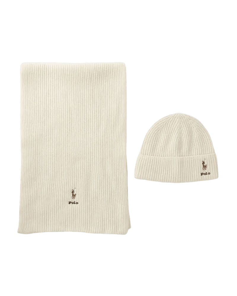 POLO RALPH LAUREN - Coffret bonnet et écharpe en laine côtelée Blanc crème - Lothaire