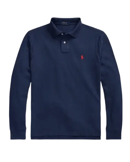 POLO RALPH LAUREN - Polo Manches Longues en Coton Piqué Bleu Foncé - Lothaire