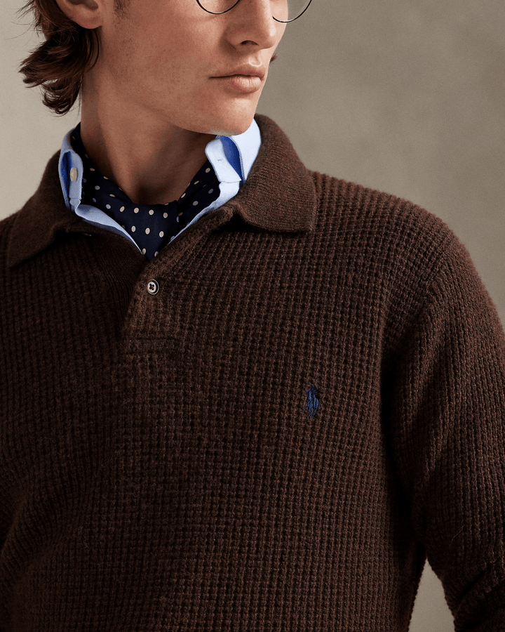 POLO RALPH LAUREN - Pull à col polo texturé en laine et coton Marron cacao - Lothaire