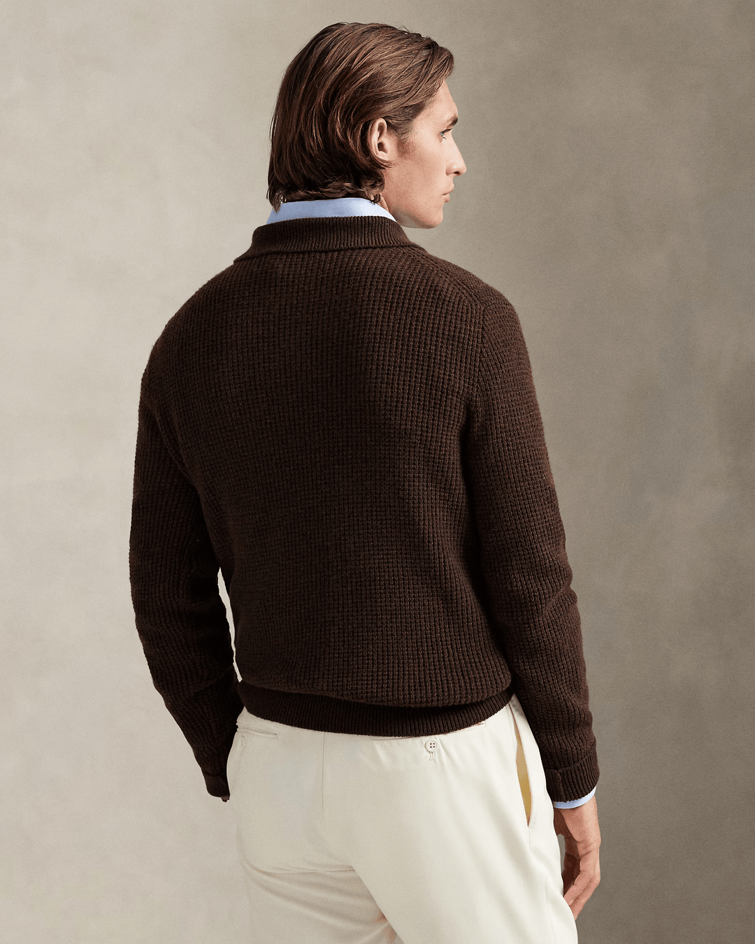 POLO RALPH LAUREN - Pull à col polo texturé en laine et coton Marron cacao - Lothaire