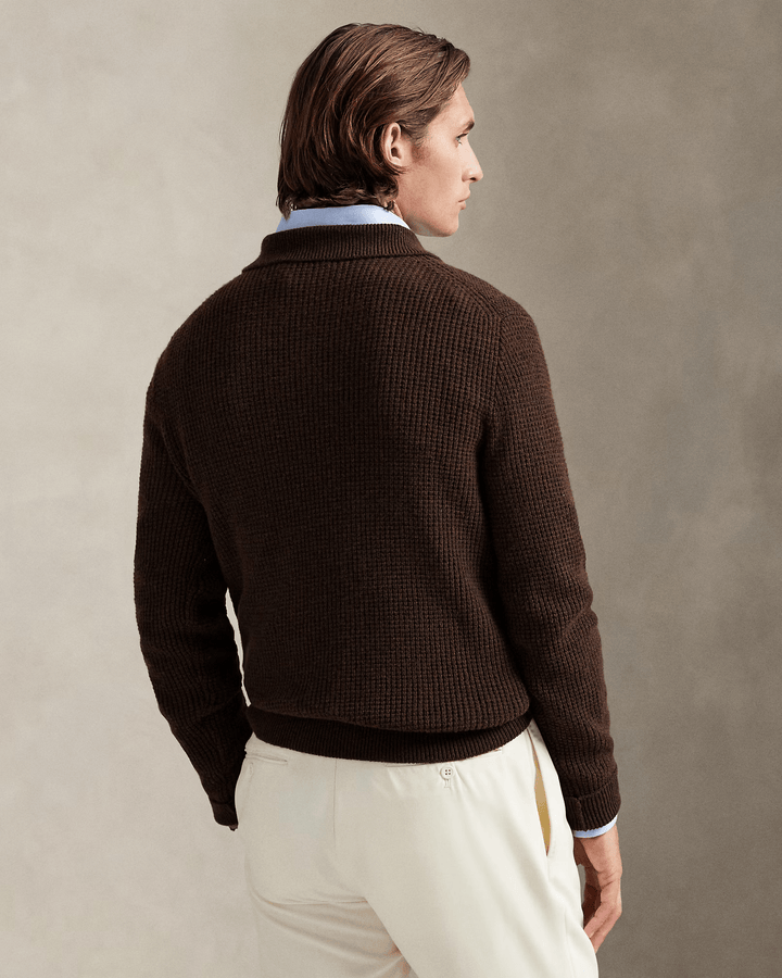 POLO RALPH LAUREN - Pull à col polo texturé en laine et coton Marron cacao - Lothaire