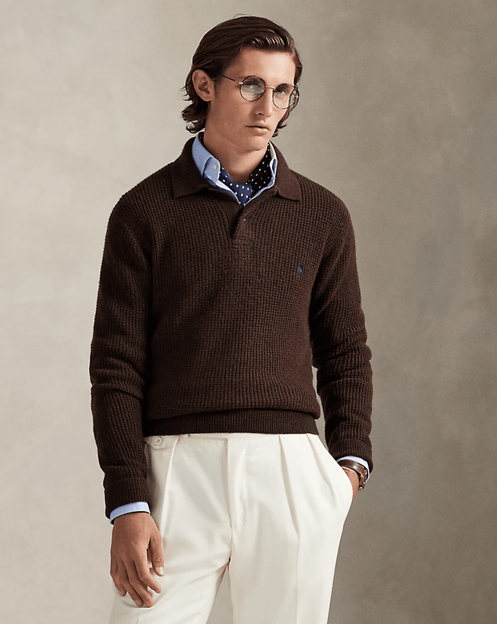 POLO RALPH LAUREN - Pull à col polo texturé en laine et coton Marron cacao - Lothaire