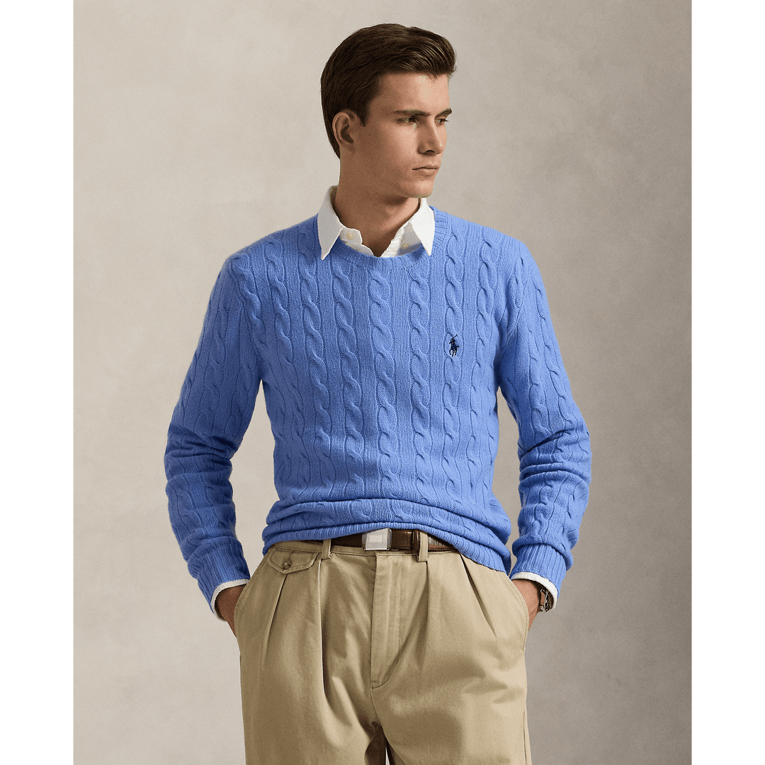 POLO RALPH LAUREN - Pull à torsades en laine et cachemire Bleu Litchfield nouveau - Lothaire