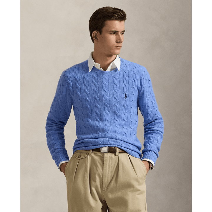 POLO RALPH LAUREN - Pull à torsades en laine et cachemire Bleu Litchfield nouveau - Lothaire